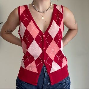 Vintage 90s red and pink argyle plaid 100% wool Talbots l button up sweater vest